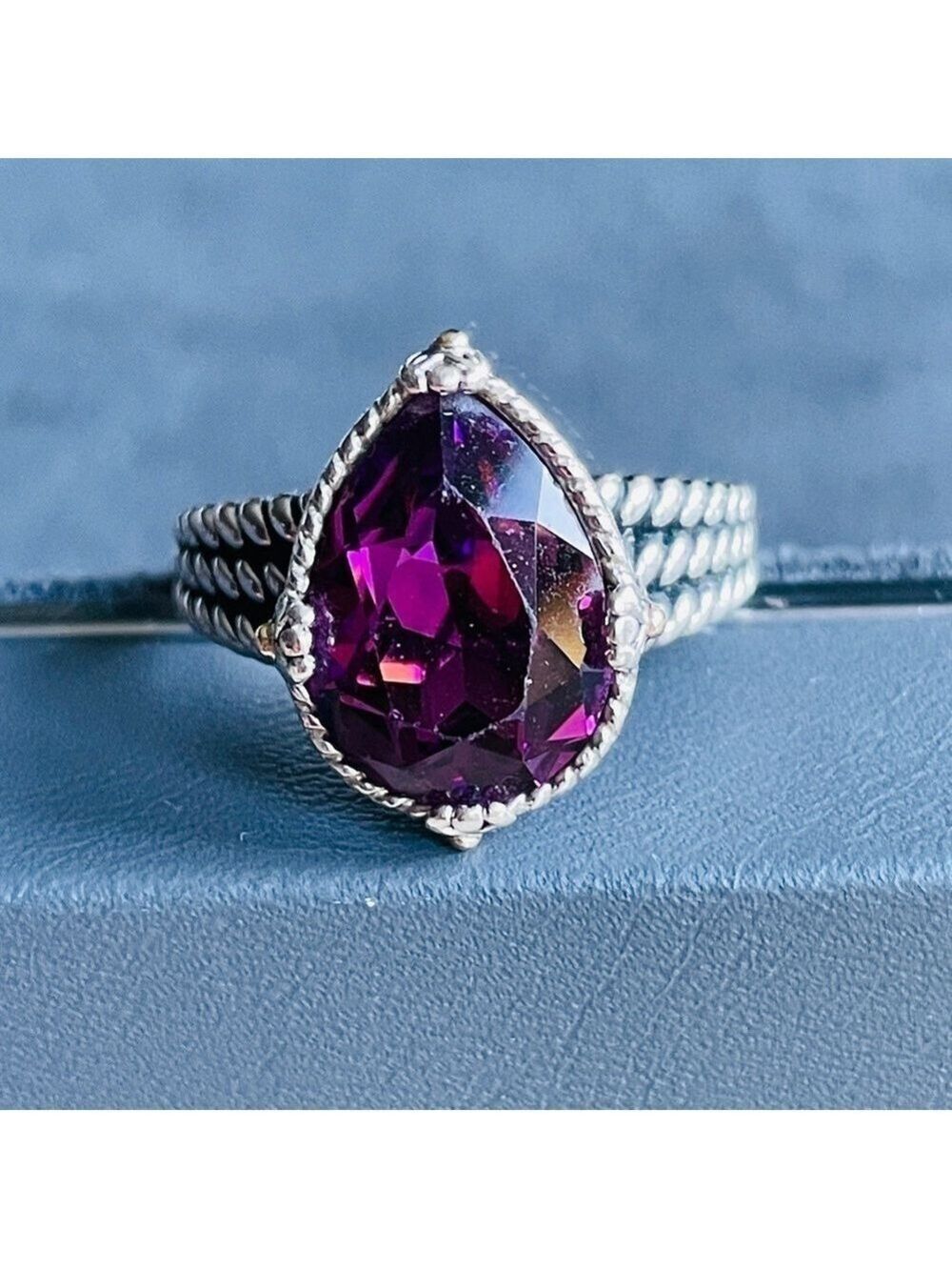 14k Gold Details Sterling Silver Pear Cut Lab Amethyst Cable Filigree Ri…